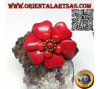 Bracciale regolabile in cuoio con doppio fiore corallo e palline in ottone dorat