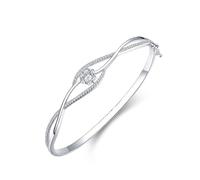 Bracciale rigido da donna con fiore e moissanite rotondo in oro bianco/platino 950, 16CM, Platino 950, Moissanite