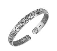 Bracciale rigido regolabile in argento sterling, bracciali a catena, bracciale donna in argento sterling Bracciale rigido cinese vintage intagliato a forma di loto Bracciale classico da donna Gioielli