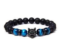 Bracciale Save A Wolf, bracciale con pietra lavica a testa di lupo, bracciale con perline in pietra di energia anti-ansia per alleviare lo stress in cristallo curativo per uomo (Sapphire Blue)
