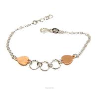bracciale tutto vero argento 925 cuori satinati oro rosa cerchi regolabile donna