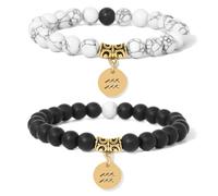 Bracciale Unisex con Perline in Pietra Naturale con 12 Costellazioni, Bracciale Elastico in Onice Nero e Howlite da 8mm con Ciondolo in Oro, Braccialetto Alla Moda per Coppie per Acquario da 8mm