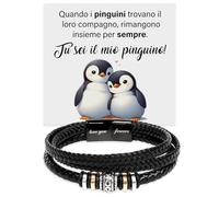 Bracciale Uomo A mio Marito in Pelle Intrecciata con Acciaio Inox Lucidato di Altissima qualità Idea Regalo per lui Regali Compleanno o Natale - Cofanetto con DEDICA incluso (Pinguino Uomo)
