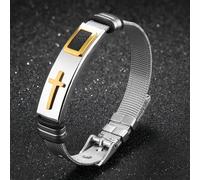 BRACCIALE UOMO CROCE CLASSICO CINTURA A MAGLIA ACCIAIO POLSINO FIBBIA REGOLABILE