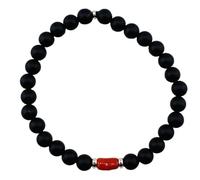Bracciale uomo elastico a molla con palline onice sabbiato e corallo rosso naturale del Mediterraneo al centro e argento 925 rodiato gioiello artigianale amuleto portafortuna