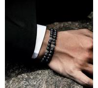 Bracciale uomo nero argento casual elegante pietre dure ruvide set doppio
