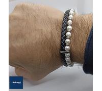 bracciale uomo semirigido perle cuoio nero e acciaio