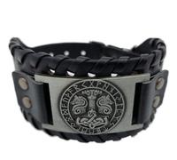 Bracciale vichingo, martello di Thor, Mjölnir, con lupi di Odin nel cerchio delle rune, in pelle e metallo, nero e argento