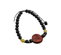 Bracciale vintage con perline smaltate cinesi - Bracciale con perline rotonde in legno giallo raffigurante il Dio della ricchezza - Gioielli in stile cinese for uomini e donne(SandalwoodBuddha'seye)