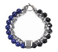 Braccialetti da uomo, bracciale a cerchio da uomo grigio nero, bracciale in perle di agata naturale in acciaio inossidabile a 2 strati da 8 mm, unisex, 21.5cmx8mm, Cristallo, Agata Lapislazzuli agata