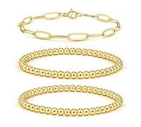 Braccialetti impilabili con perline dorate da donna, placcati in oro 14 carati, braccialetto elasticizzato fatto a mano con perline rotonde carine, braccialetto delicato per le donne, 7inch, Ottone