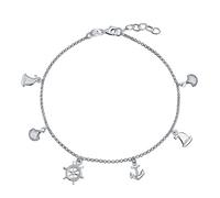 Braccialetto Alla Caviglia Con Ciondolo Multicharm Nautico Di Ancora Barca A Vela Ruota Di Nave E Conchiglia Marina Per Donne In Argento Sterling .925 Regolabile Da 9 A 10 Pollici Con Prolunga