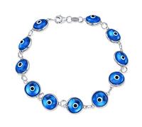 Amuleto Di Protezione E Buona Fortuna, Braccialetto Occhio Diabolico In Vetro Traslucido Turco Per Donne Adolescenti. Argento Sterling .925, Blu, Lunghezza 7 Pollici