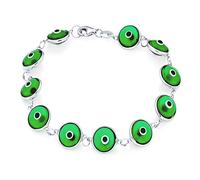 Braccialetto Amuleto di Protezione Portafortuna con Perline di Vetro Verde Traslucido Turco Occhio di Malocchio per Donne e Adolescenti in Argento Sterling .925 da 7,5 Pollici