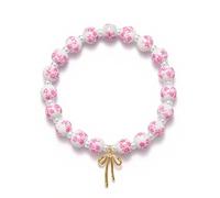 Braccialetto con ciondolo a forma di fiocco con perline, da donna, stile vintage, realizzato a mano, elasticizzato, con perline dorate, delicato e romantico, idea regalo, Medium, Ceramica, Zirconia