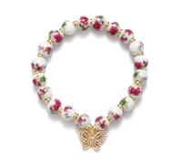 Braccialetto con ciondolo a forma di fiocco con perline, da donna, stile vintage, realizzato a mano, elasticizzato, con perline dorate, delicato e romantico, idea regalo, Medium, Ceramica, Zirconia