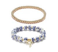 Braccialetto con ciondolo a forma di fiocco con perline, da donna, stile vintage, realizzato a mano, elasticizzato, con perline dorate, delicato e romantico, idea regalo, Medium, Ceramica, Zirconia