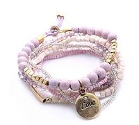 Braccialetto con ciondolo rotondo con perline multistrato rettangolare lettering elastico vintage cavigliera gioielli per le vacanze, viola durevole e pratico