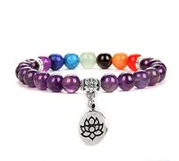 Braccialetto con fiore di loto, per donne e uomini, con 7 chakra, con pietra naturale, ciondolo a forma di farfalla arcobaleno, fatto a mano, ametista, 19 cm