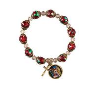 Braccialetto con rosario con perline Let Us Adore Him con ciondolo a croce, perline iridescenti rosse e verdi, gioielli religiosi da donna, 17 1/2 pollici, 7.5 inches, Vetro, vetro