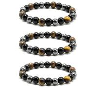 Braccialetto con tripla protezione, confezione da 3 pezzi, 8 mm, con occhio di tigre, perle di ematite e ossidiana nera, per la protezione, porta fortuna e prosperità, unisex, da 16 cm a 18 cm, 17