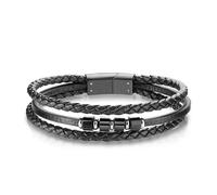 Braccialetto Conveniente Uomo Tripla Fili Pelle Nero Cilindri E Acciaio 1012K