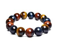 Braccialetto da 12 mm con perline in occhio di tigre, unisex, misti, rosso, oro, blu, adatto per polsi di circa 20,3 cm, tripla protezione, pietre preziose chakra occhio di tigre, sollievo dall'ansia