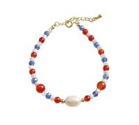 Braccialetto da donna con perle d'acqua dolce naturali, vetro blu agata rossa e conchiglia naturale, si abbina facilmente a vestiti, camicie e tutti i tipi di abiti casual