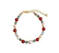 Braccialetto da donna con perline, pietra naturale, stile boho, regolabile | Pietre miste: agata rossa, perle, perline turchesi, ciondolo a stella, braccialetto boho regolabile.