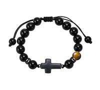 Braccialetto da uomo con perline a croce, rosario cristiano da 10 mm, occhio di tigre, agata nera, onice, ossidiana, fede, religioso, Pasqua, cattolica, cristiana, comunione, battesimo, pietra