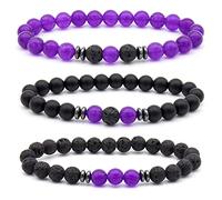 Braccialetto da uomo con perline nere, in pietra lavica, viola, 8 mm, ametista e pietra lavica, 3 braccialetti con perline da 8 mm, 8mm, Cristallo, Ametista Pietra lavica Ametista