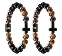 Braccialetto da uomo in occhio di tigre con perline in pietra naturale, gioiello nero con lettere dell'alfabeto, bracciale elastico regolabile, one size, Zinco, Nessuna pietra preziosa