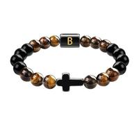 Braccialetto da uomo in occhio di tigre con perline in pietra naturale, gioiello nero con lettere dell'alfabeto, bracciale elastico regolabile, one size, Zinco, Nessuna pietra preziosa
