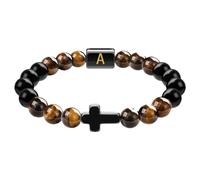 Braccialetto da uomo in occhio di tigre con perline in pietra naturale, gioiello nero con lettere dell'alfabeto, bracciale elastico regolabile, one size, Zinco, Nessuna pietra preziosa