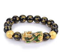 Braccialetto della ricchezza in ossidiana nera Fen Bracciale in ossidiana, Piyao Bracciale in cristallo di ossidiana nera naturale con sei parole for protezione, Feng Shui, ricchezza, braccialetto in