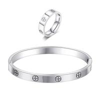 Braccialetto dell'amicizia placcato oro 18 carati con anello set di gioielli da donna in acciaio inox bracciale ovale semplice incernierato pietre di zirconia cubica braccialetto braccialetto