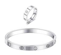 Braccialetto dell'amicizia placcato oro 18 carati con anello set di gioielli da donna in acciaio inox bracciale ovale semplice incernierato pietre di zirconia cubica braccialetto braccialetto