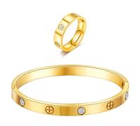 Braccialetto dell'amicizia placcato oro 18 carati con anello set di gioielli da donna in acciaio inox bracciale ovale semplice incernierato pietre di zirconia cubica braccialetto braccialetto