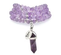 Braccialetto di perle Mala naturali 108, collana di consapevolezza con ciondolo Yoga Buddha Zen e ciondolo prisma esagonale in quarzo Reiki (Ametista (Amethyst))