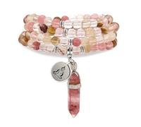 Braccialetto di perle Mala naturali 108, collana di consapevolezza con ciondolo Yoga Buddha Zen e ciondolo prisma esagonale in quarzo Reiki (Tormalina anguria (Watermelon Tourmaline))