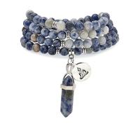 Braccialetto di perle Mala naturali 108, collana di consapevolezza con ciondolo Yoga Buddha Zen e ciondolo prisma esagonale in quarzo Reiki (Sodalite)