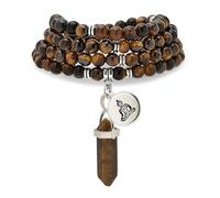 Braccialetto di perle Mala naturali 108, collana di consapevolezza con ciondolo Yoga Buddha Zen e ciondolo prisma esagonale in quarzo Reiki (Occhio di tigre marrone (Brown Tiger Eye))