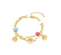 Braccialetto di perline fatto a mano, adatto sia per uomini che per donne, bracciale a doppio strato con pietra colorata intarsiata con albero della vita, in acciaio inox, cuore cavo e perle (oro), 21