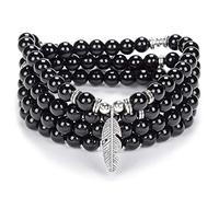 Braccialetto di perline Yoga ispiratore 108 Collana di pietra Mala con delicato ciondolo piuma portafortuna (Agata di onice nera (Black Onyx Agate))