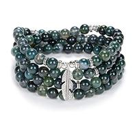 Braccialetto di perline Yoga ispiratore 108 Collana di pietra Mala con delicato ciondolo piuma portafortuna (Agata Muschiata (Moss Agate))