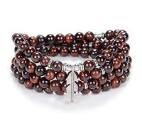 Braccialetto di perline Yoga ispiratore 108 Collana di pietra Mala con delicato ciondolo piuma portafortuna (Occhio di tigre rosso (Red Tiger Eye))