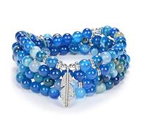 Braccialetto di perline Yoga ispiratore 108 Collana di pietra Mala con delicato ciondolo piuma portafortuna (Agata Blu (Blue Agate))
