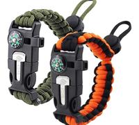 Braccialetto di sopravvivenza in paracord, pietra focaia, raschietto, bussola, fischietto di sopravvivenza, regolabile, confezione da 2 pezzi, verde militare e nero arancione, Misura unica, Acciaio