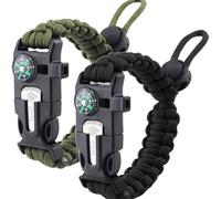 Braccialetto di sopravvivenza in paracord, pietra focaia, raschietto, bussola, fischietto di sopravvivenza, regolabile, confezione da 2 pezzi, nero e verde militare, Misura unica, Acciaio inossidabile