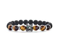 Braccialetto Elasticizzato Unisex Con Perle Rotonde Di Occhio Di Tigre Marrone E Onice Nera Ispirato Alla Giungla Con Zampa Di Volpe E Lupo Adatto Per Uomini E Donne Placcato In Argento E Regolabile